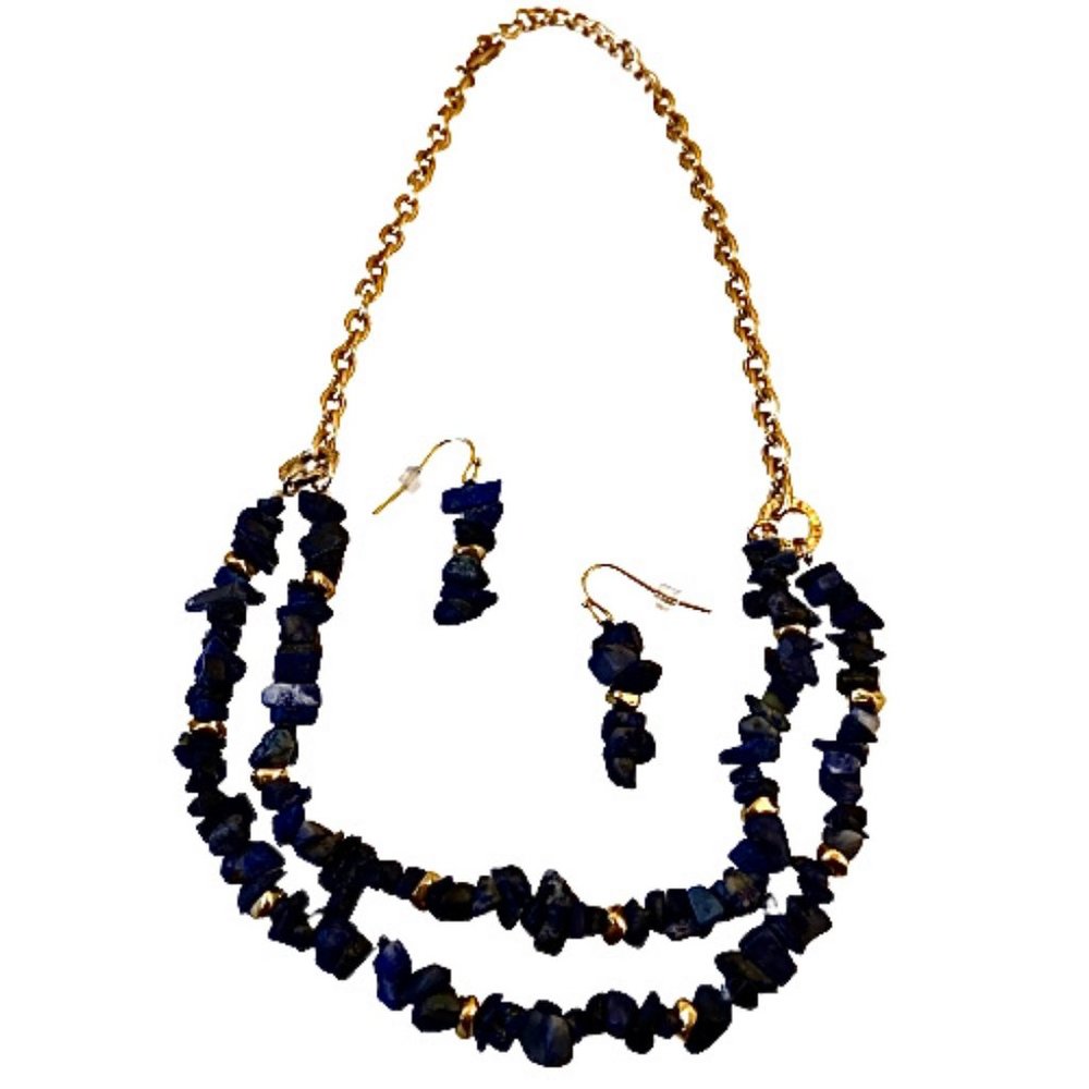 Natural Blue Lapis Lazuli Gravel Chip Gemstone Necklace Beads + EARRINGS SET
